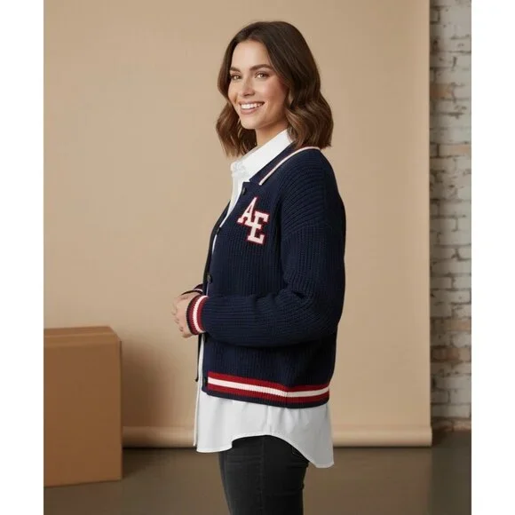 NWT American Eagle Cropped Letterman Cardigan Jacket • Y2K Preppy Collegiate S/M - Picture 9 of 16